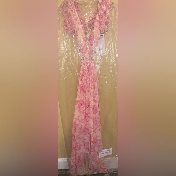 NWT MAC DUGGAL Pink Floral Printed Ruffle Shoulder Lace Up Gown Size 2 - Picture 3 of 9
